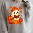 Cute Ghost Reading Book Autumn Pumpkins Cat Coffee Halloween Raglan Sleeve Sweatshirt Heather Forest