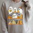 Cute Halloween Ghost Bookshelf Cat Book Lover Raglan Sleeve Sweatshirt Heather Forest