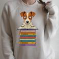 Cute Jack Russel Dog Reading On Pile Of Books Premium Tri-Blend Raglan Sleeve Sweatshirt Heather Forest