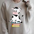 Cute Kawaii Cow Book Reading Bookworm Boys Girls Kids Raglan Sleeve Sweatshirt Heather Forest