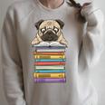 Cute Pug Dog Reading Book On Pile Of Books Raglan Sleeve Sweatshirt Heather Forest Cute Pug Dog Reading Book On Pile Of Books Raglan Sleeve Sweatshirt Heather Forest