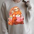 Cute Red Panda Reading Book Sloth Kawaii Animal Raglan Sleeve Sweatshirt Heather Forest