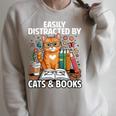 Easily Distracted By Cats And Books Book Lover Cat Raglan Sleeve Sweatshirt Heather Forest