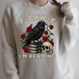 F-CAW-F I'm Reading Crow Book Lover Introvert Meme Raglan Sleeve Sweatshirt Heather Forest