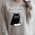 First Of All I’m A Delight Cute Cat Books Coffee Humor Raglan Sleeve Sweatshirt Heather Forest