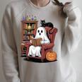 Ghost With Bookshelf Halloween Bookish Premium Tri-Blend Raglan Sleeve Sweatshirt Heather Forest
