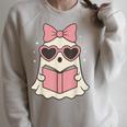Ghost Reading Book Halloween Cat Lover Raglan Sleeve Sweatshirt Heather Forest