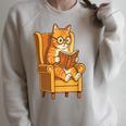 Ginger Tabby Cat Reading Book Glasses Retro Illustration Raglan Sleeve Sweatshirt Heather Forest
