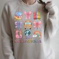 Girls 100 Days Of School Coquette Bow Pencil Bus Book Crayon Raglan Sleeve Sweatshirt Heather Forest