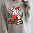 Goat Reading Book Graphic With Floral Raglan Sleeve Sweatshirt Heather Forest