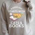 A Good Day Starts With Cats & Books Raglan Sleeve Sweatshirt Heather Forest