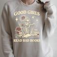 Good Girls Read Bad Books Dark Romance Reader Skeleton Goth Raglan Sleeve Sweatshirt Heather Forest