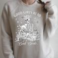 Good Girls Read Bad Books Skeleton Reading Book Halloween Raglan Sleeve Sweatshirt Heather Forest Good Girls Read Bad Books Skeleton Reading Book Halloween Raglan Sleeve Sweatshirt Heather Forest