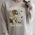 Good Girls Read Bad Books Vintage Skeleton Reader Raglan Sleeve Sweatshirt Heather Forest
