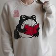 Grumpy Frog Book Lover Librarian Anime Japanese Raglan Sleeve Sweatshirt Heather Forest