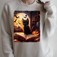 Halloween Cat Reading Books Spooky Cat Reader Teachers Raglan Sleeve Sweatshirt Heather Forest