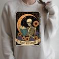 Halloween Tarot Card The Reader Skeleton Reading Books Raglan Sleeve Sweatshirt Heather Forest