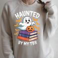 Haunted By My TBR Cute Ghost Reading Books Pumpkin Bookworms Raglan Sleeve Sweatshirt Heather Forest