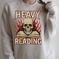 Heavy Reading Book Lover Skeleton Ironic Graphic Raglan Sleeve Sweatshirt Heather Forest