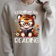 I'd Rather Be Reading Cute Tiger Book Lover Reader Bookworm Raglan Sleeve Sweatshirt Heather Forest
