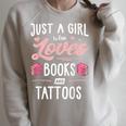 Just A Girl Who Loves Books And Tattoos Women Raglan Sleeve Sweatshirt Heather Forest