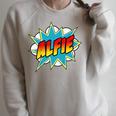 Kids Boys Alfie Name Comic Book Superhero Raglan Sleeve Sweatshirt Heather Forest