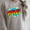 Kids Boys Myles Name Superhero Comic Book Raglan Sleeve Sweatshirt Heather Forest