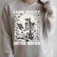 Leave Reality Enter Books Skeleton Reading Book Raglan Sleeve Sweatshirt Heather Forest Leave Reality Enter Books Skeleton Reading Book Raglan Sleeve Sweatshirt Heather Forest