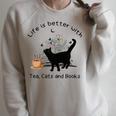 Life Is Better With Tea Cats And Books Cat Sayings Raglan Sleeve Sweatshirt Heather Forest