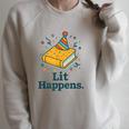 Lit Happens Book Party Hat Confetti Literary Pun Raglan Sleeve Sweatshirt Heather Forest