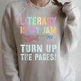LITERACY IS MY JAM Turn Up Read Book Sound Volume Raglan Sleeve Sweatshirt Heather Forest