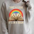 Take A Look It In A Book Retro Rainbow Reading Teacher Raglan Sleeve Sweatshirt Heather Forest