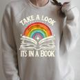 Take A Look A Book Vintage Reading Librarian Rainbow Raglan Sleeve Sweatshirt Heather Forest