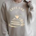 Love God Drink Coffee Read Books Graphic Book Reader Raglan Sleeve Sweatshirt Heather Forest
