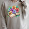 Open Book With Colorful Hibiscus Flowers Bloom Raglan Sleeve Sweatshirt Heather Forest