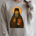 Orthodox Icon Of Seraphim Rose Holding The Holy Book Raglan Sleeve Sweatshirt Heather Forest