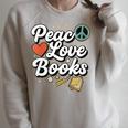 Peace Love Books Cute Retro Reading Graphic Raglan Sleeve Sweatshirt Heather Forest
