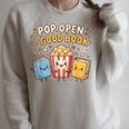 Pop Open A Good Book For School Librarian Popcorn Raglan Sleeve Sweatshirt Heather Forest