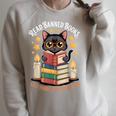 Read Banned Books Gain Forbidden Knowledge Cute Cat Reader Raglan Sleeve Sweatshirt Heather Forest