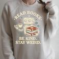 Read Books Be Kind Stay Weird Robot Coffee Lover Reading Raglan Sleeve Sweatshirt Heather Forest
