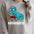 Readasaurus Reading Dinosaur Bookworm Book Reader Meme Raglan Sleeve Sweatshirt Heather Forest