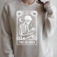The Reader Tarot Card Book Lover Skeleton Reading Book Raglan Sleeve Sweatshirt Heather Forest