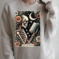 The Reader Tarot Card Skeleton Reading Book Bookworm Bookish Raglan Sleeve Sweatshirt Heather Forest