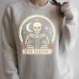 The Reader Tarot Skeleton Gothic Bookish Book Reading Lover Raglan Sleeve Sweatshirt Heather Forest