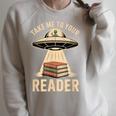 Take Me To Your Reader UFO Alien Book Lover Pun Raglan Sleeve Sweatshirt Heather Forest
