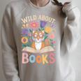 Reading Enthusiast Book Lover Tiger Cute Flowers Raglan Sleeve Sweatshirt Heather Forest