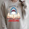 Reading Is Jawsome Bookworm Shark Book Lover For Kids Raglan Sleeve Sweatshirt Heather Forest