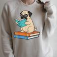 Reading Pug Bookworm Cute Pug With Glasses Books Raglan Sleeve Sweatshirt Heather Forest