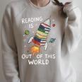 Reading Is Out Of This World Book Rocket Space Teacher Raglan Sleeve Sweatshirt Heather Forest