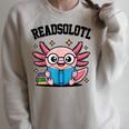 Readsolotl Pink Kawaii Axolotl Book Lover Reading Raglan Sleeve Sweatshirt Heather Forest